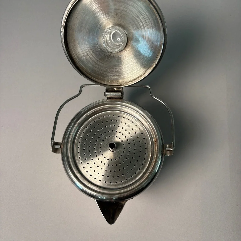 Vintage Stainless Steel Stovetop Coffee Percolator Wood Handle and Glass Knob